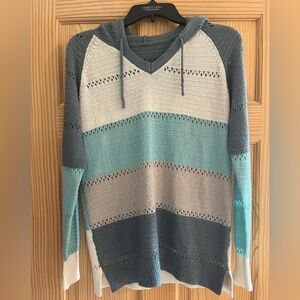Blue, Tan and White Knitted Long Sleeve‎ Hoodie Size Medium